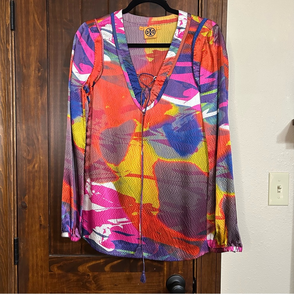 Tory Burch | Silk Colorful Abstract V-Neck Blouse